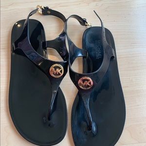 Michael Kors Black Jelly Ankle Strap Gold Logo Sandals Size 8
